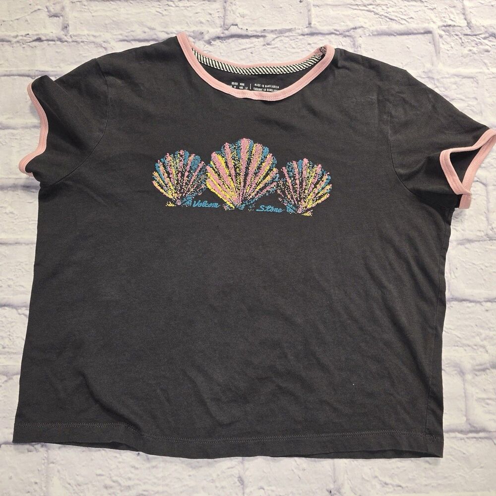Volcom Stone Y2K Seashell Graphic T-Shirt Charcoal Gray Pink Trim Women’s M